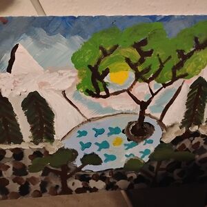 fishNicole Green and Blue Scenic Tree Pond Painting